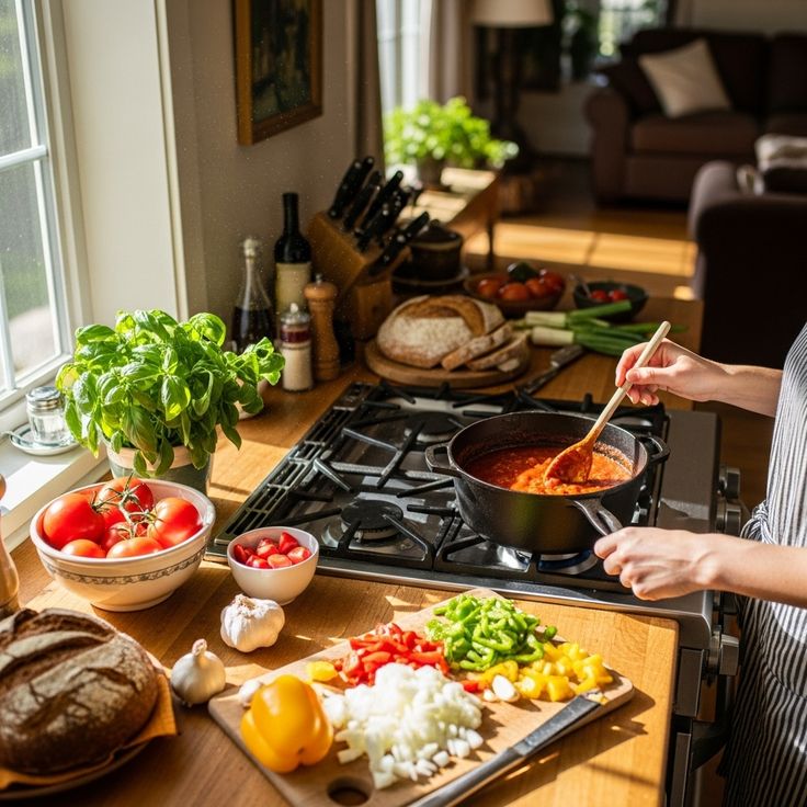 Home cook stirring a pot of tomato sauce on the stove beside fresh basil, tomatoes and chopped peppers